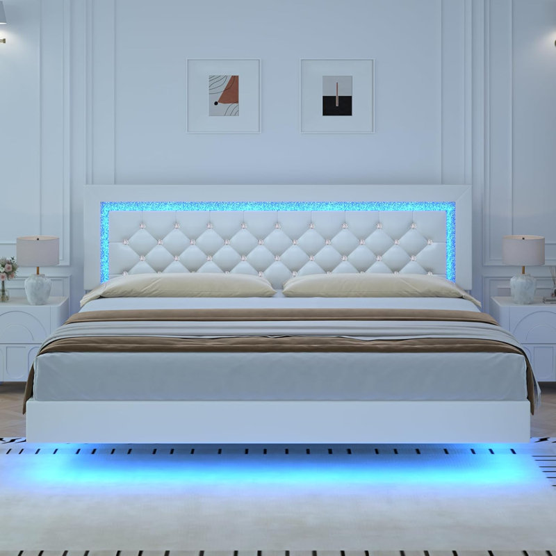 Cadre de lit flottant Alber avec lumières DEL, lit plateforme tapissier avec tête de lit capitonnée à motif de losanges, aucun sommier tapissier requis, silencieux, assemblage facile