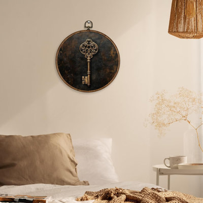 Art mural rétro antique, clé or victorienne, décoration murale ronde, esthétique foncée, impressions sur toile encadrées pour décorations de chambre à coucher, 10 x 10 po