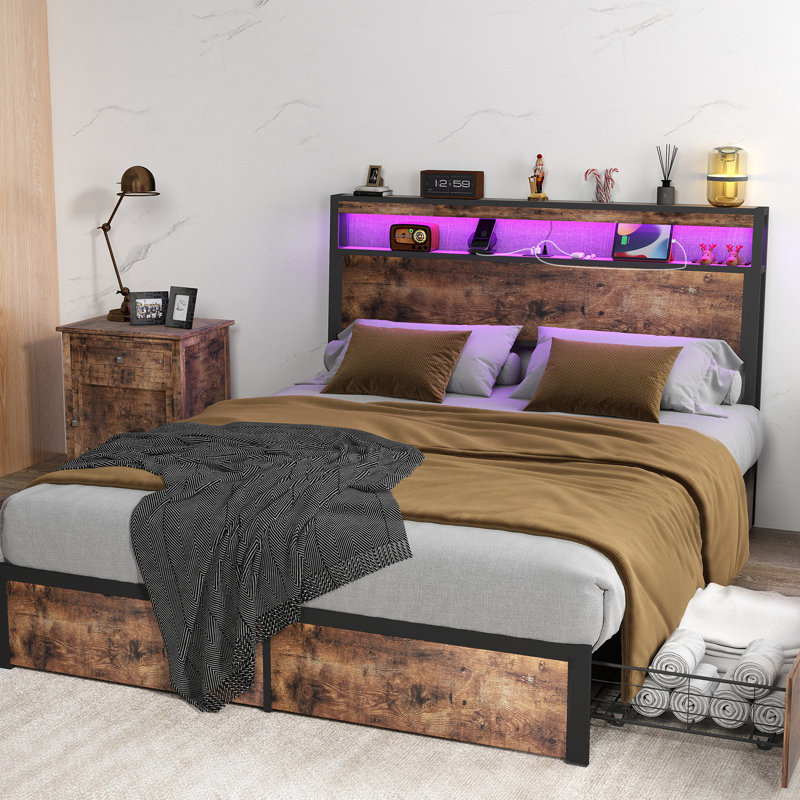 Grand lit double avec 4 tiroirs de rangement et 2 lumières DEL à DEL, Double