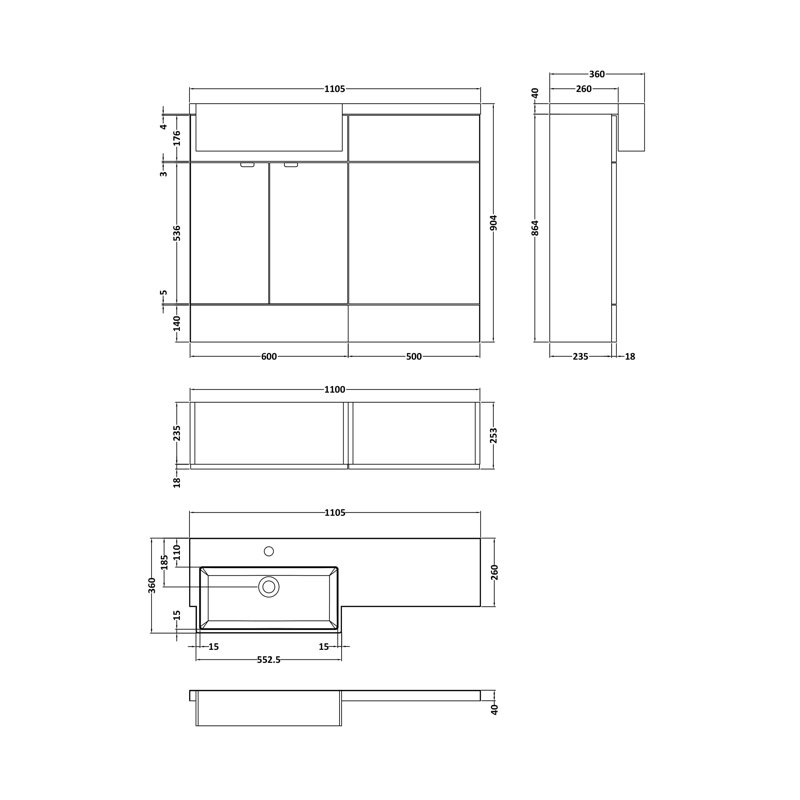 Fusion 1105mm Single Bathroom Vanity with Integrated Polymarble Basin, Gloss Grey