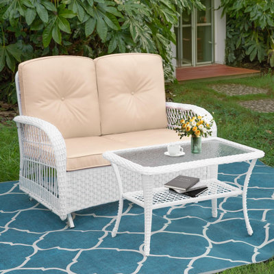 Winston Porter Outdoor Wicker Patio Glider Set, Loveseat For 2 Person Porch Furniture Glider With Glass-Top Coffee Table, Patio Glider Rocking Bench W