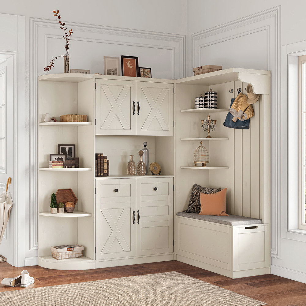 KEIKI Hall Tee With Stoage Cabinet, Hooks & Shelves Antique