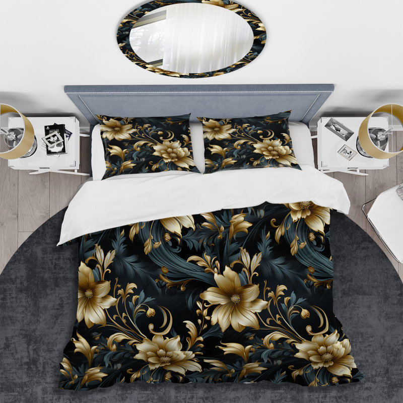 Literie opulente or Intrigue Floral I Khary, Housse de couette pour très grand lit et 2 très