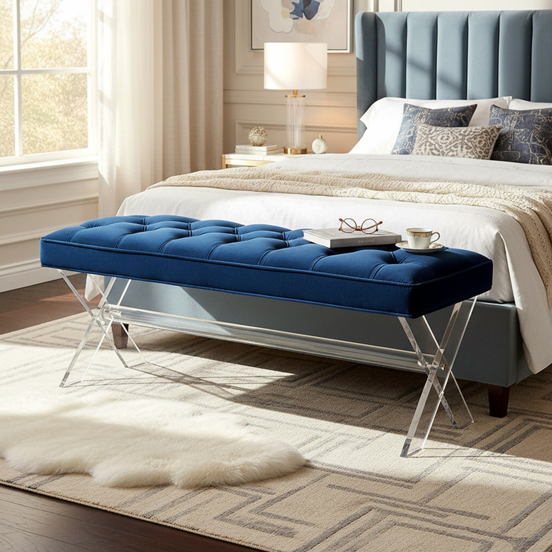 Bree Velvet Upholstered Bench, Navy