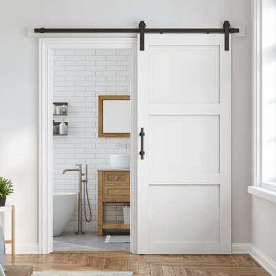 Porte de grange en bois manufacturé 3-Lite 84 po avec quincaillerie