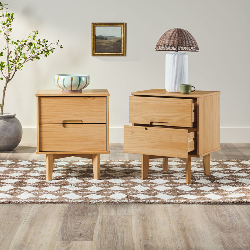 Aizlyn Mid-Century Modern Solid Wood Groove-Handle Nightstands, Natural Pine