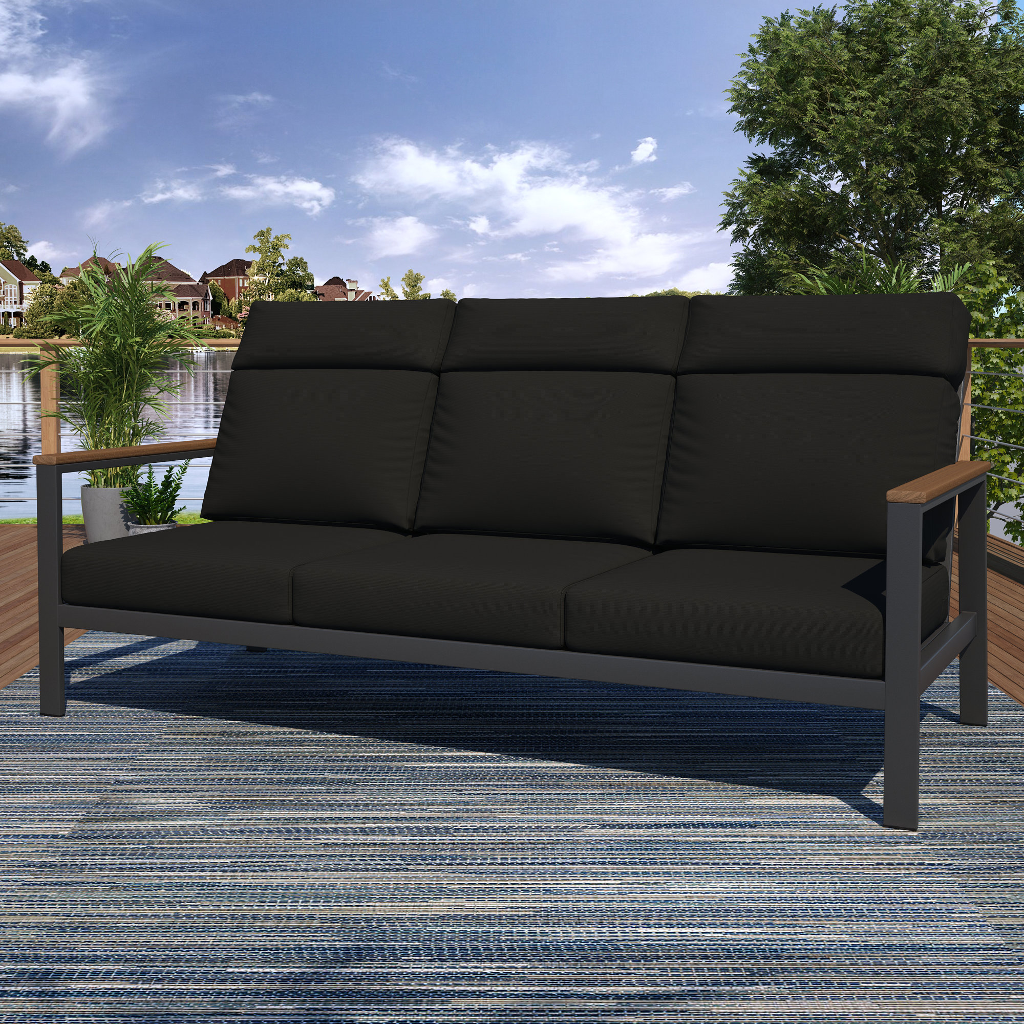 Townsend Metal Outdoor Sofa With Sunbrella Cushion, Brown, Canvas Black