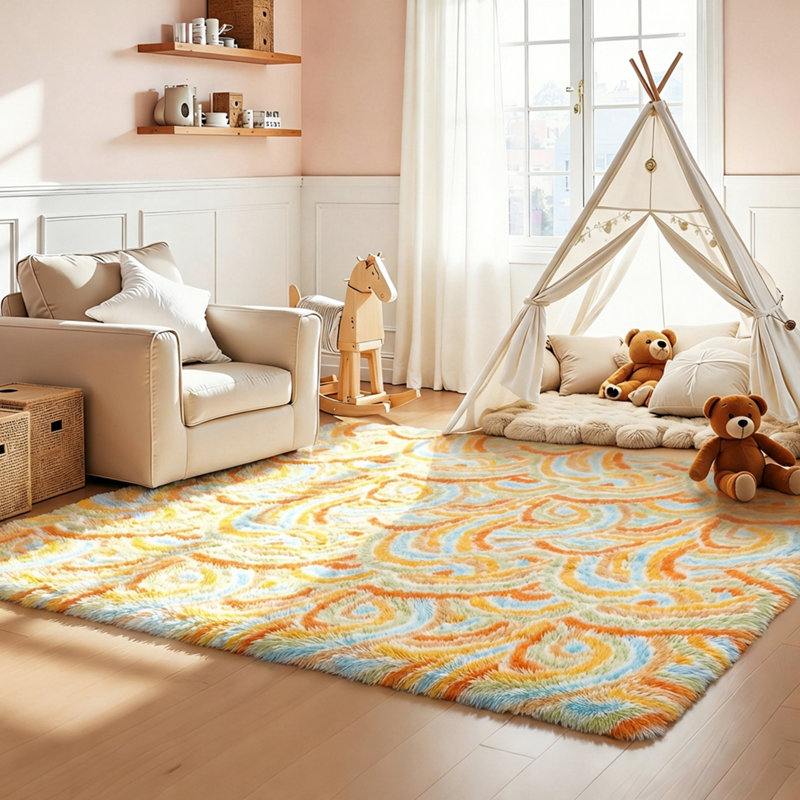 Non-Slip Cute Fluffy Shag Area Rug, Rectangle 5' x 8', Orange/Blue/White