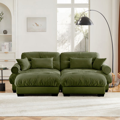 Canapé deux places surdimensionné moderne avec repose-pieds, accoudoirs en velours 2 places avec traversin, avec coussin de taille et coussins décoratifs, vert olive