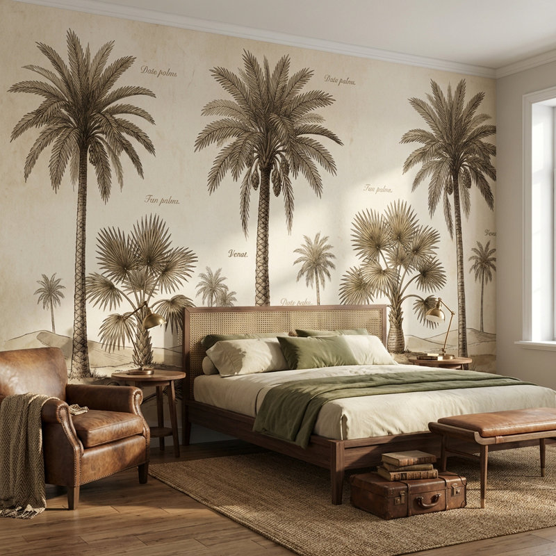 Papier peint botanique rétro, palmiers, désert, dunes, 120 po x 96 po, Non tissé