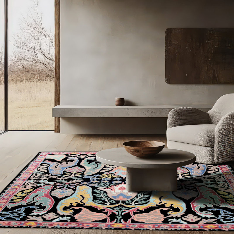 Hand Knotted Wool Floral Area Rug in Black