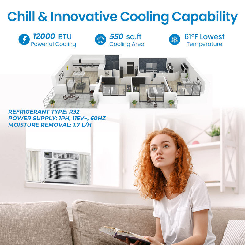 Climatiseur de fenêtre 12 000 BTU - Télécommande, écoénergétique, 3 vitesses de refroidissement et de ventilation, silencieux, affichage numérique, minuterie, installation facile, jusqu'à 550 pieds carrés, sans connexion Wi-Fi