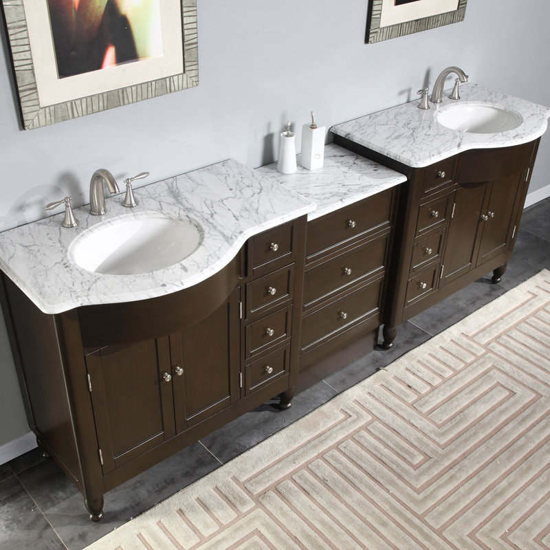91" Modular White Bathroom Vanity Double Sink Cabinet Marble Stone Top, Espresso