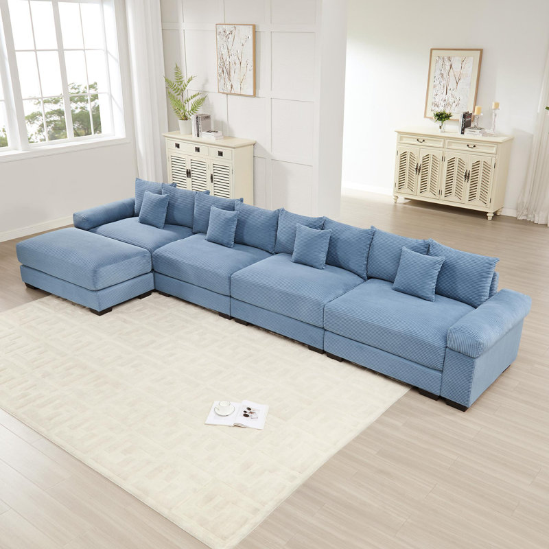 Oversized Cloud Modular L-Shape Sectional Couch, Blue Corduroy