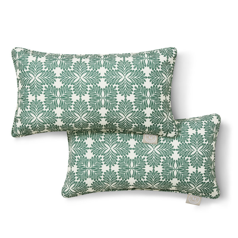 MARTHA STEWART Tulum Indoor Outdoor Lumbar Pillow 2-Pack Set, 18", 18"H x 11"W, Green, Rectangle