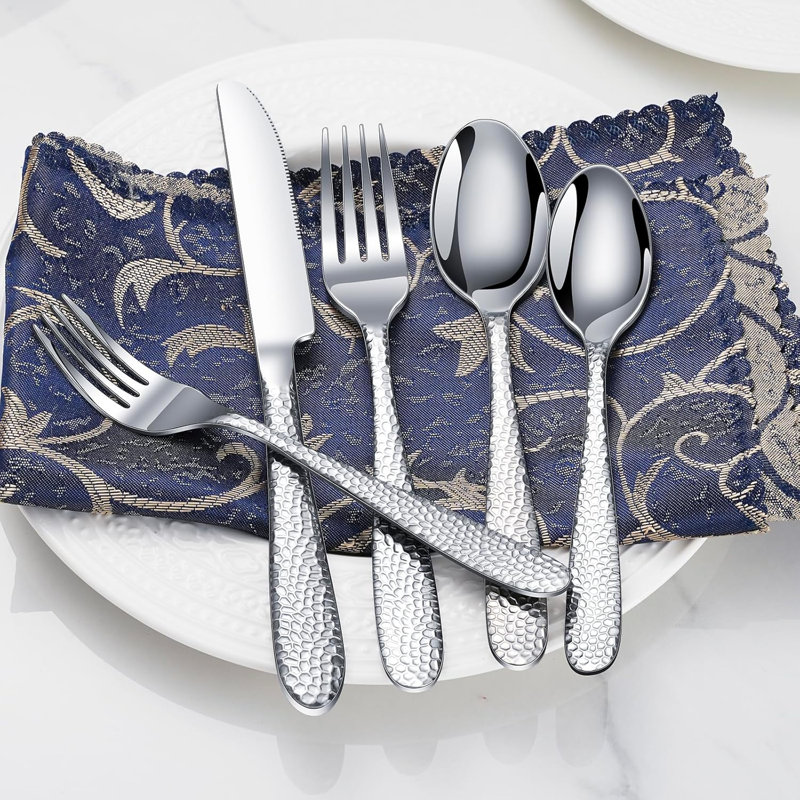 40-Piece Hammered Flatware Set, Stainless Steel Silverware For 8, Mirror Polished & Dishwasher Safe