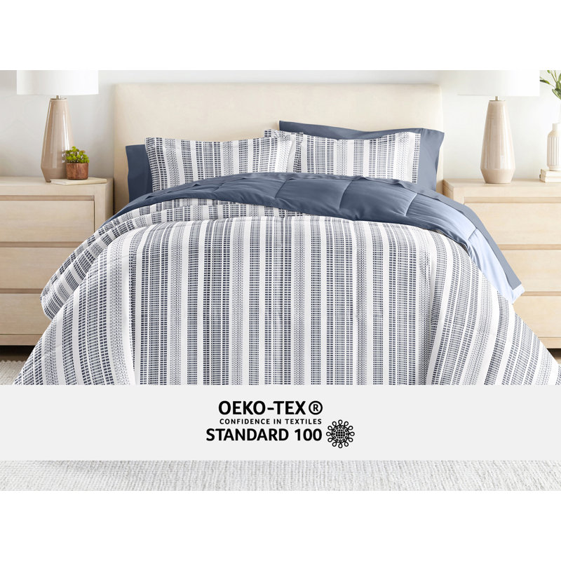 Full Navy Striped Microfiber Down Alternative Bed in a Bag Set