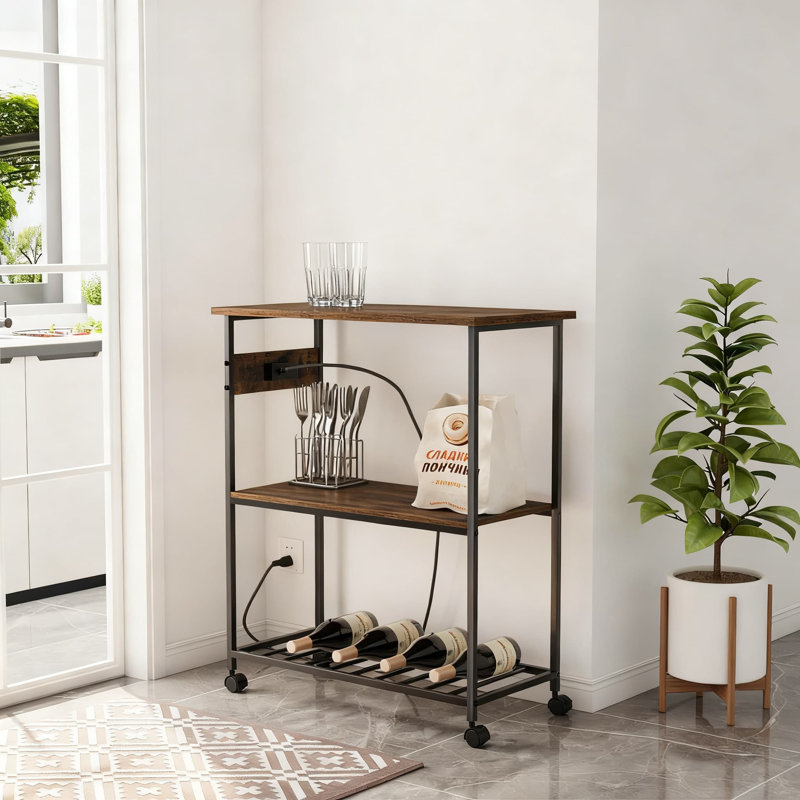 Chariot d'îlot de cuisine industriel avec prise de courant, station de travail mobile à 3 niveaux avec roues verrouillables pour un espace de comptoir et un rangement supplémentaires