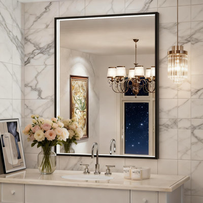 Miroir de salle de bain rectangulaire à cadre en métal à DEL, miroir de salle de bain à DEL avec lumières, miroir mural lumineux avec antibuée, fonction mémoire, à intensité variable