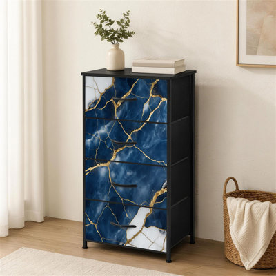 Commode à 4 tiroirs pour chambre à coucher de luxe en marbre bleu, veines dorées, petits accents blancs, grande commode à vêtements pour organisateurs de placard avec commode