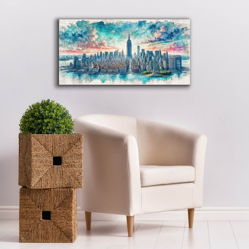 «New York Watercolor» par Rey Klimt, art mural sur toile, H 20 po x l 40 po