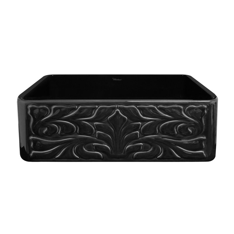 Whitehaus Collection 30” Reversible Single Bowl Fireclay Kitchen Sink: Floral, Fluted Front Apron, Black