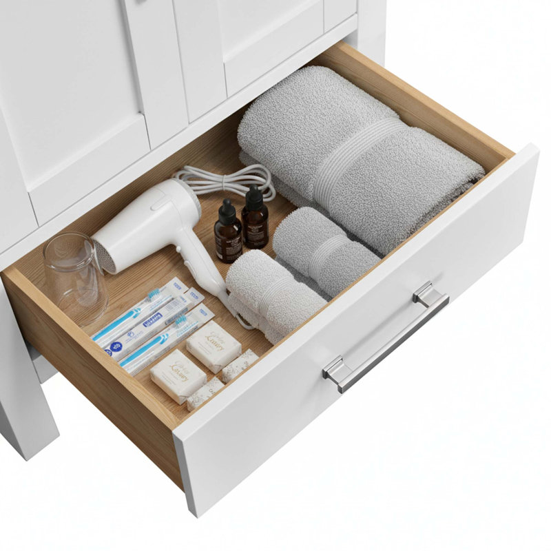 Meuble-lavabo en bois massif avec lavabo intégré et conception autoportante, Blanc / argenté, 30"