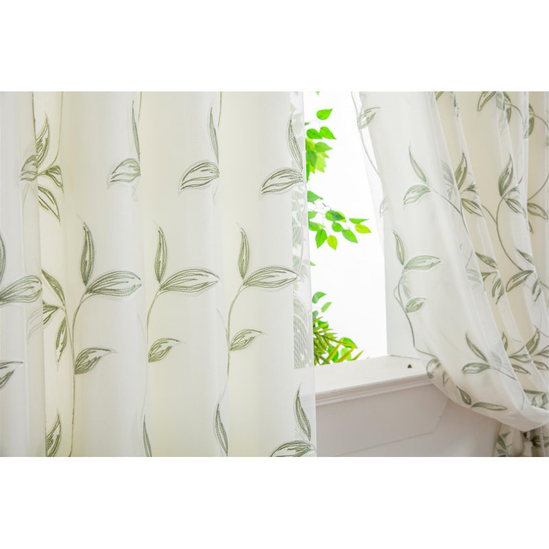 Zapata Leaf Embroidered Voile Curtains Pencil Pleat Pair, 229cm Width x 229cm Drop, Green