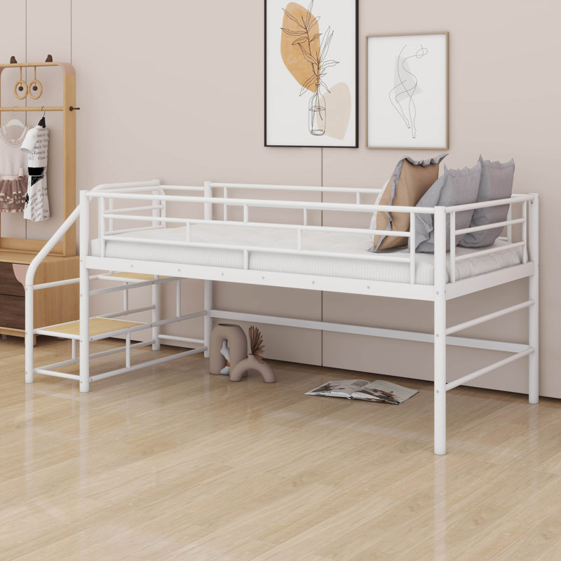 Maximisez l'espace au sol avec un lit mezzanine simple, des escaliers de rangement intégrés et une structure en métal robuste