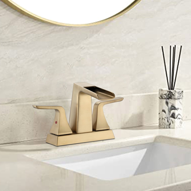 Robinet de lavabo pour salle de bain à deux poignées en or brossé avec cascade de 4 pouces - Matériau en laiton massif pour une durabilité réglable La cartouche en céramique à poignées doubles à température et à eau est incluse