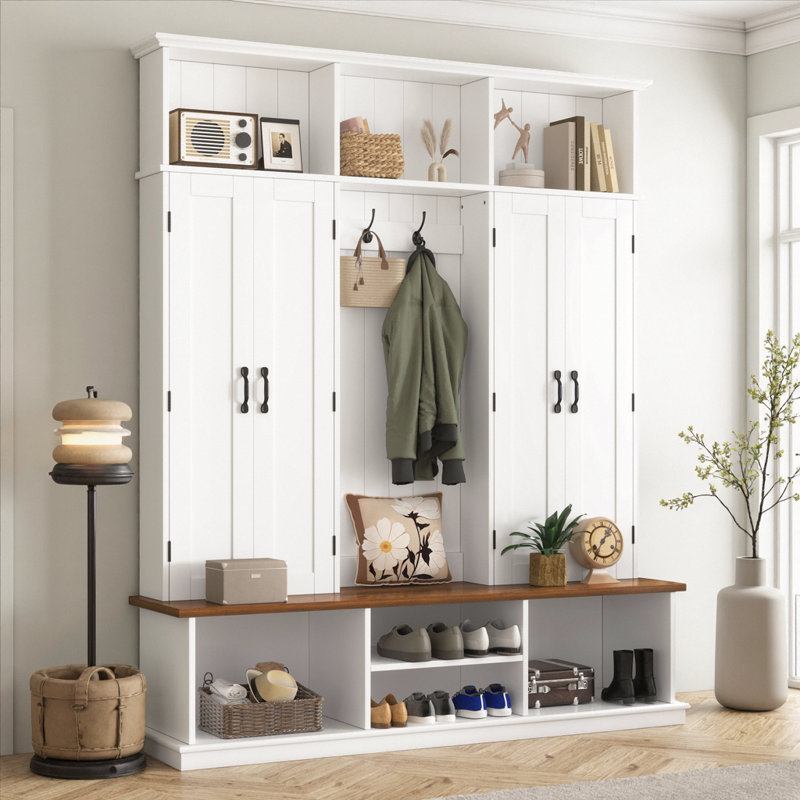 62.2" Entryway Hall Tree with Bench, 3 Top Cubbies & Bottom Storage, Farmhouse Coat Rack with Hooks & Cabinets, Freestanding MDF Organizer for Hallway, Mudroom, Living Room