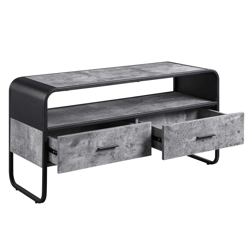 Meuble télé avec cadre en métal de 42 po, 2 tiroirs, aspect noir et gris béton, tablette ouverte, style principal