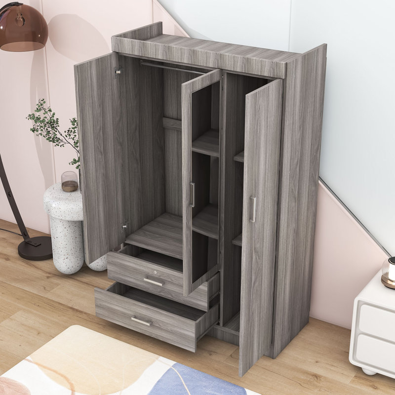 Armoire 3 portes avec tablettes et deux tiroirs, Gris
