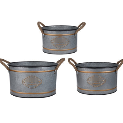 Metal Decorative Pot Of 3 With Rope Handles And Gold Embellishment Detail, Cottage - Style Design, Progressive Sizing For Easy Storage, 4.2 Lbs Piece Attractive Handles, Accents, Nesting, Ideal Space