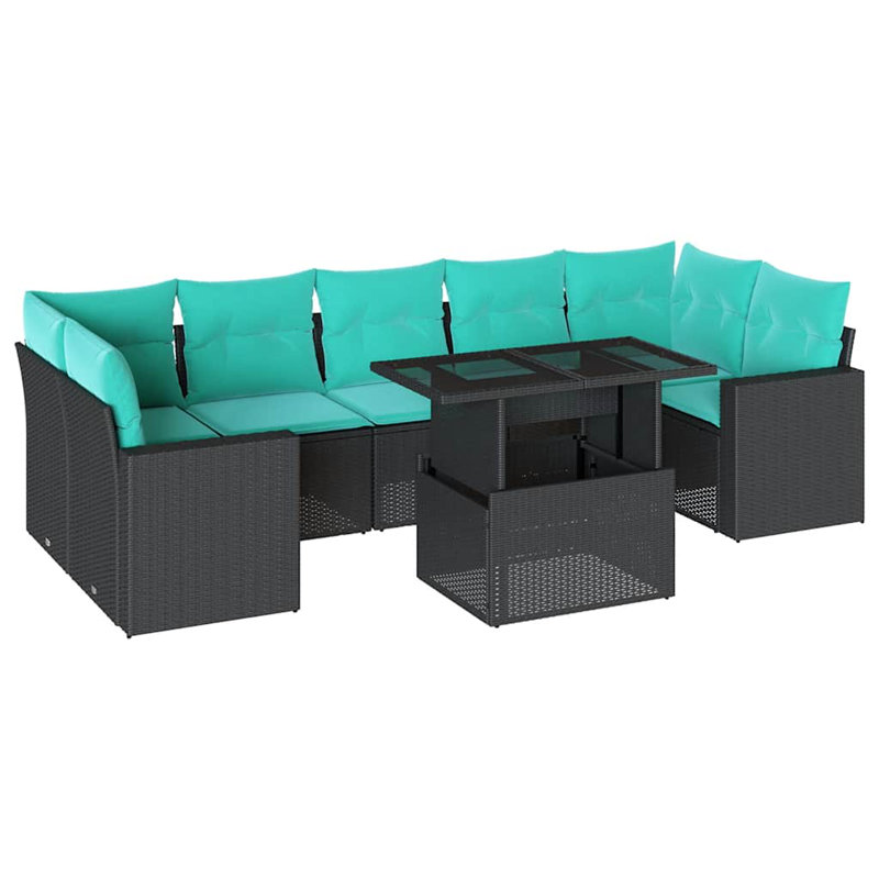 Ensemble de canapé de patio 8 pièces avec coussins en rotin de polyester, Bleu clair, Noir