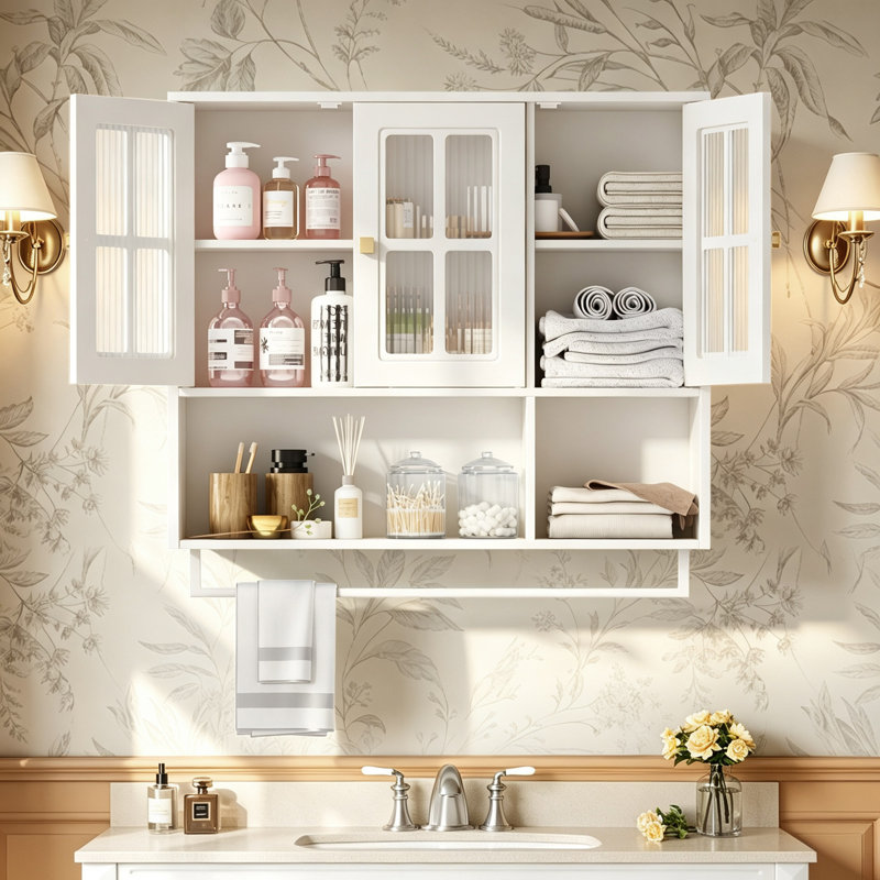 Armoire de salle de bain murale, unité de rangement en bois à 3 portes avec tablettes ouvertes et cachées pour l'espace organisé