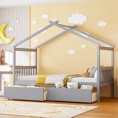 Lit simple en bois avec tiroirs, gris