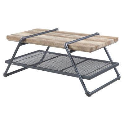 Wooden Coffee Table With Metal Mesh Shelving And Solid Base - Industrial Design Piece Rectangular Wood Top Attractive