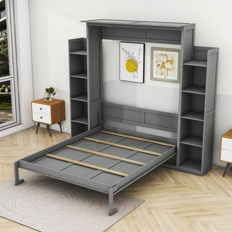 Nicara Murphy Storage Bed with LED Lights and Shelves, Gray, Queen