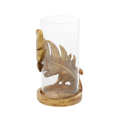 Glass Feather Pillar Bird Gold Hurricane Lamp