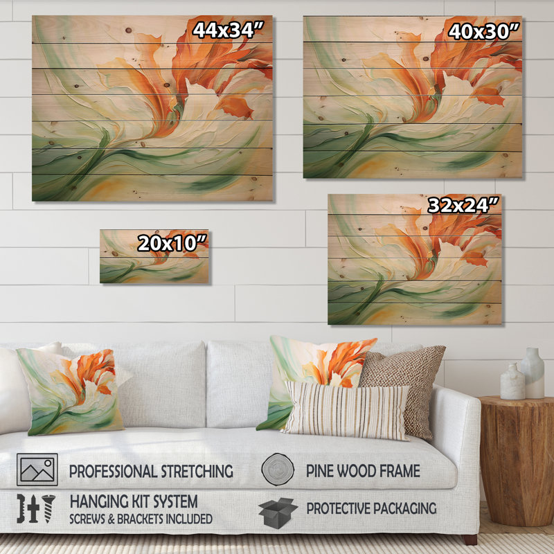 Pétales verts flottants - Reproduction botanique abstraite sur bois de pin naturel, H 30 po x l 40 po x P 0,78 po