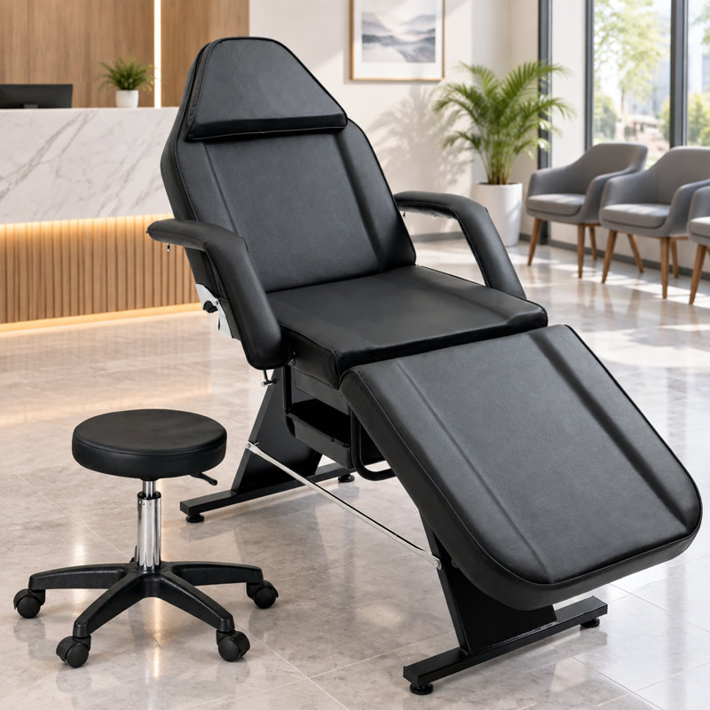 Fauteuil de tatouage facial réglable en 3 sections avec tabouret hydraulique et deux plateaux