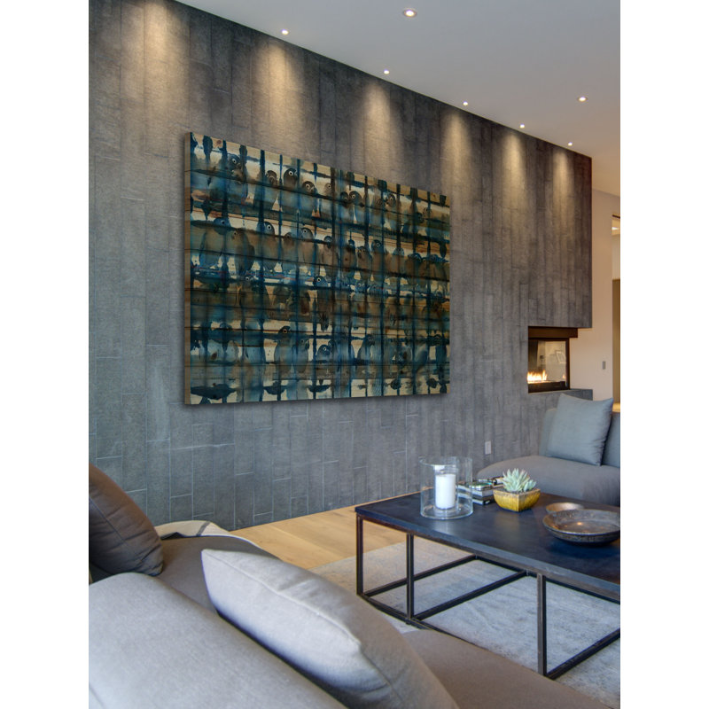 "bleu encombré" par parvez taj,, reproduction d’art sur bois de pin naturel, 30 po x 45 po