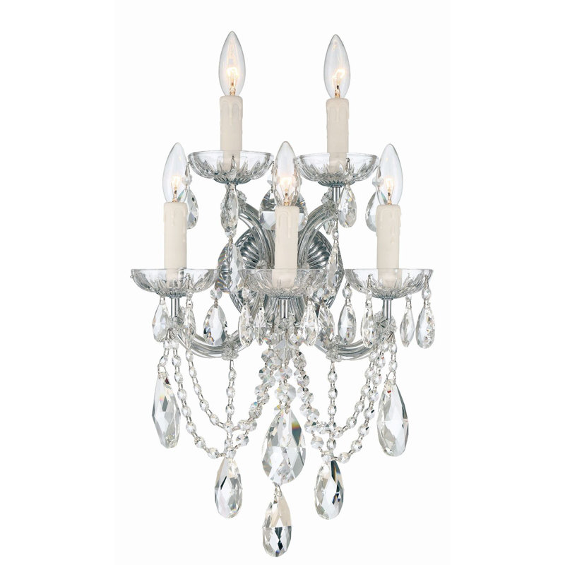 Bohemian 5 Light Crystal Candle Wall Sconce, Chrome, Majestic Wood Polished
