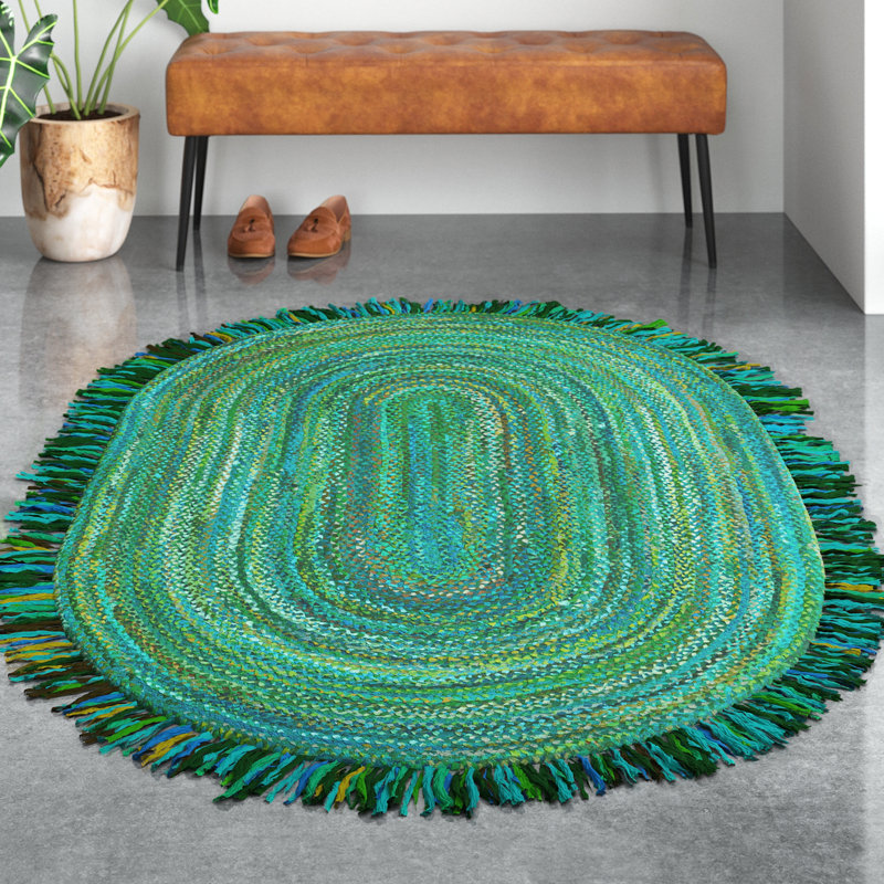 Kellems Solid Color Handwoven Cotton Area Rug in Green, Round 4'