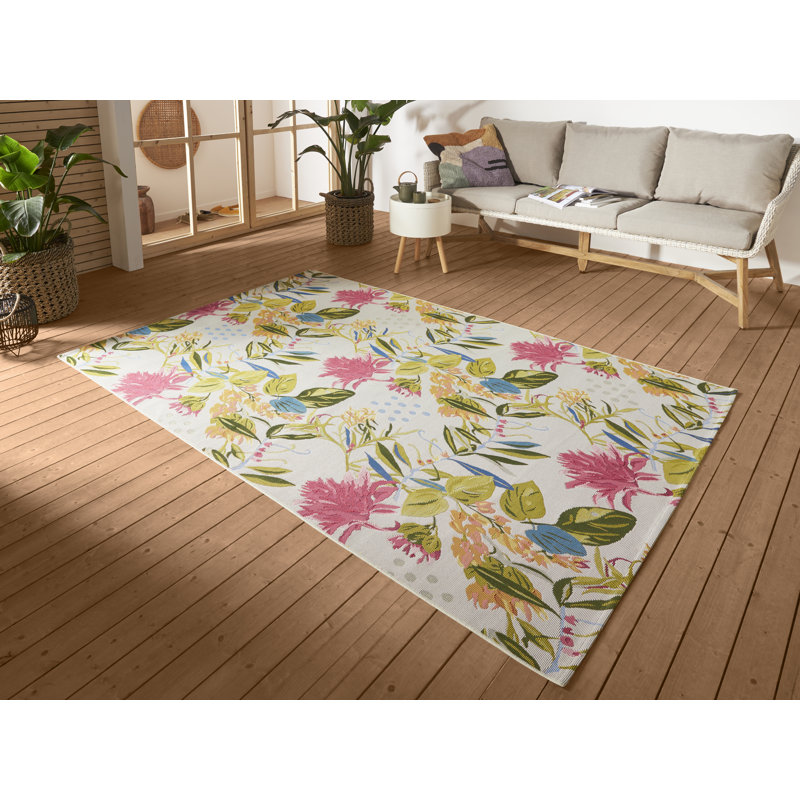 Flowers and Leaves Green/Pink Indoor/Outdoor Rug, Rectangle 120 x 180cm