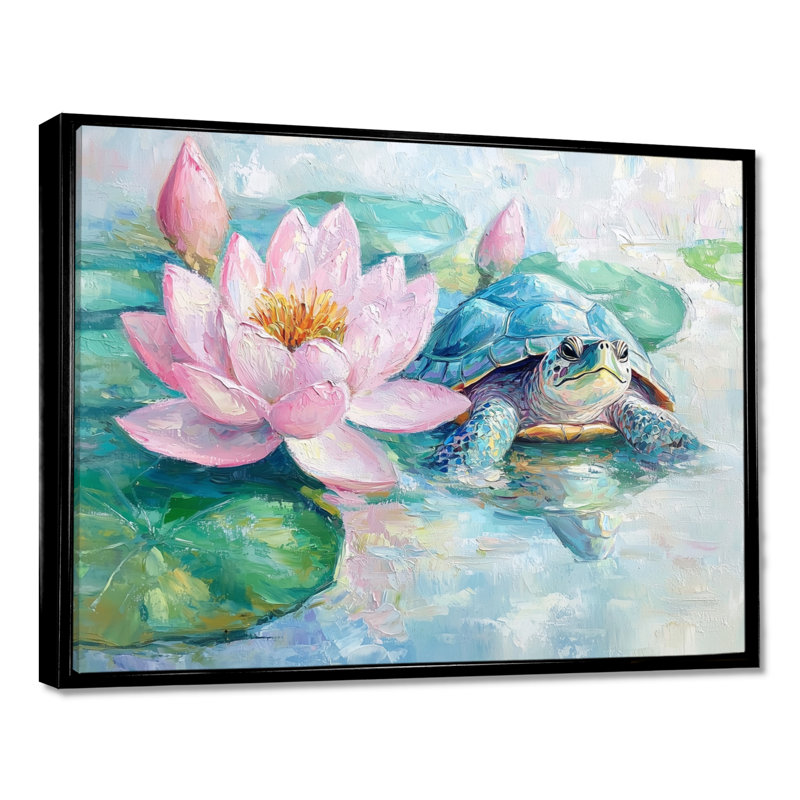 Tortue dans un nénuphar III - Tortue, reproduction d'art murale, H 30 po x l 40 po, Noir