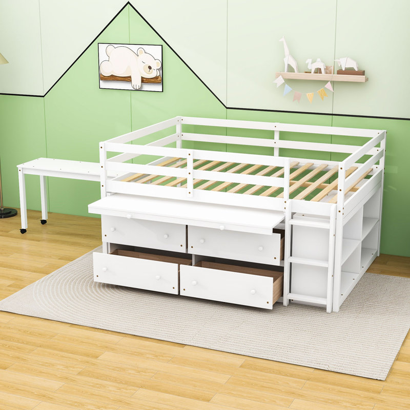 Lit mezzanine bas avec bureau rétractable et tiroirs, tablettes, Double, Blanc