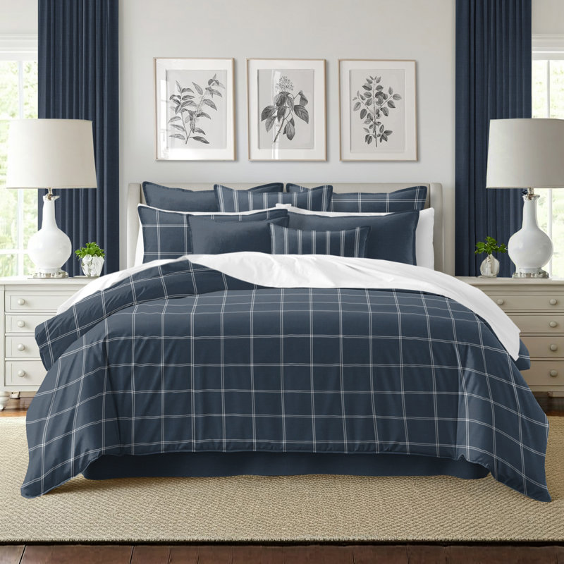 Shay Window Pane Dark Denim Cotton Duvet Cover Set  8 Piece, Queen Duvet Cover + 7 Additional Pieces