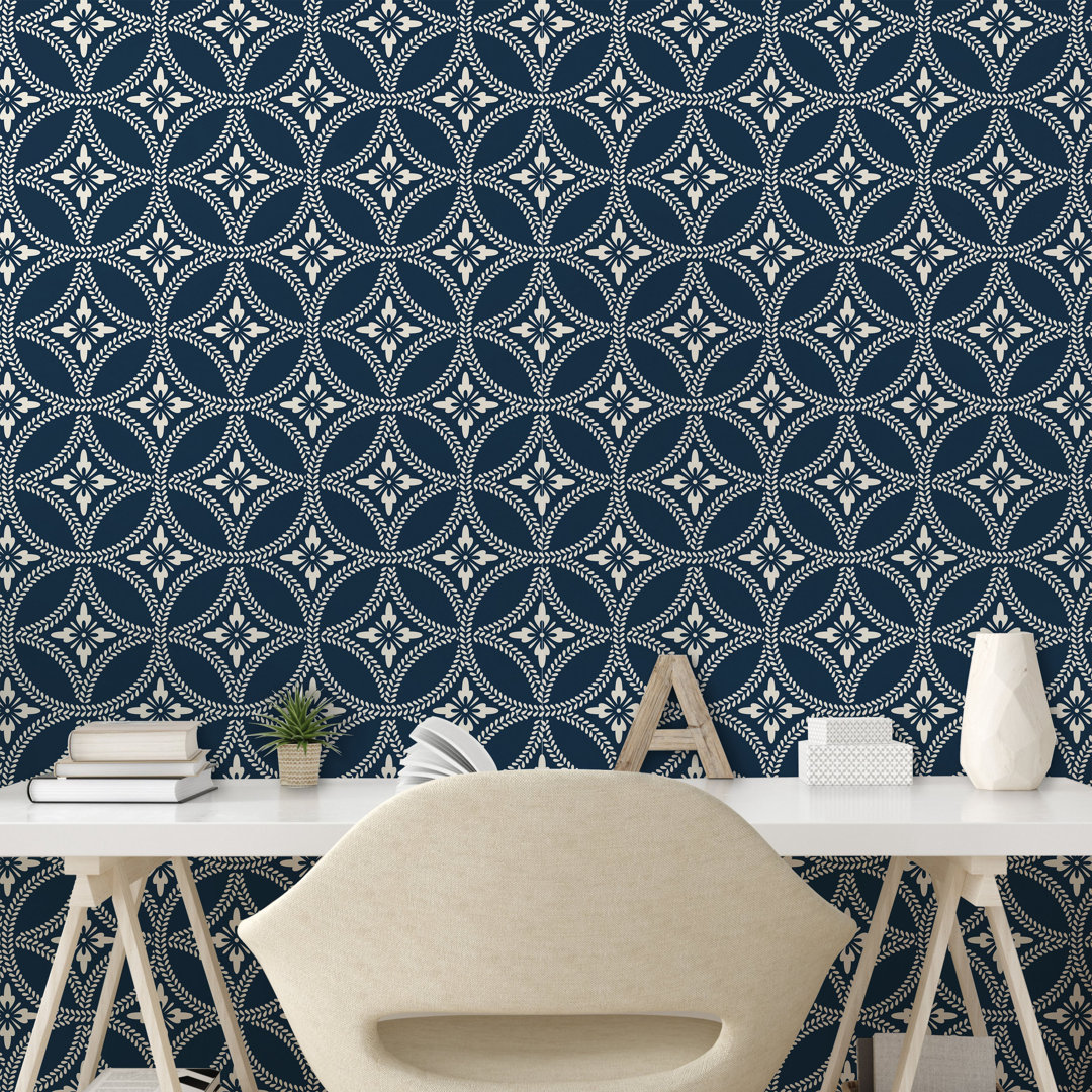 Abzieh- und Klebetapete, Japanischer Lotus Kreis, Geometrisch, Dunkelblau Creme